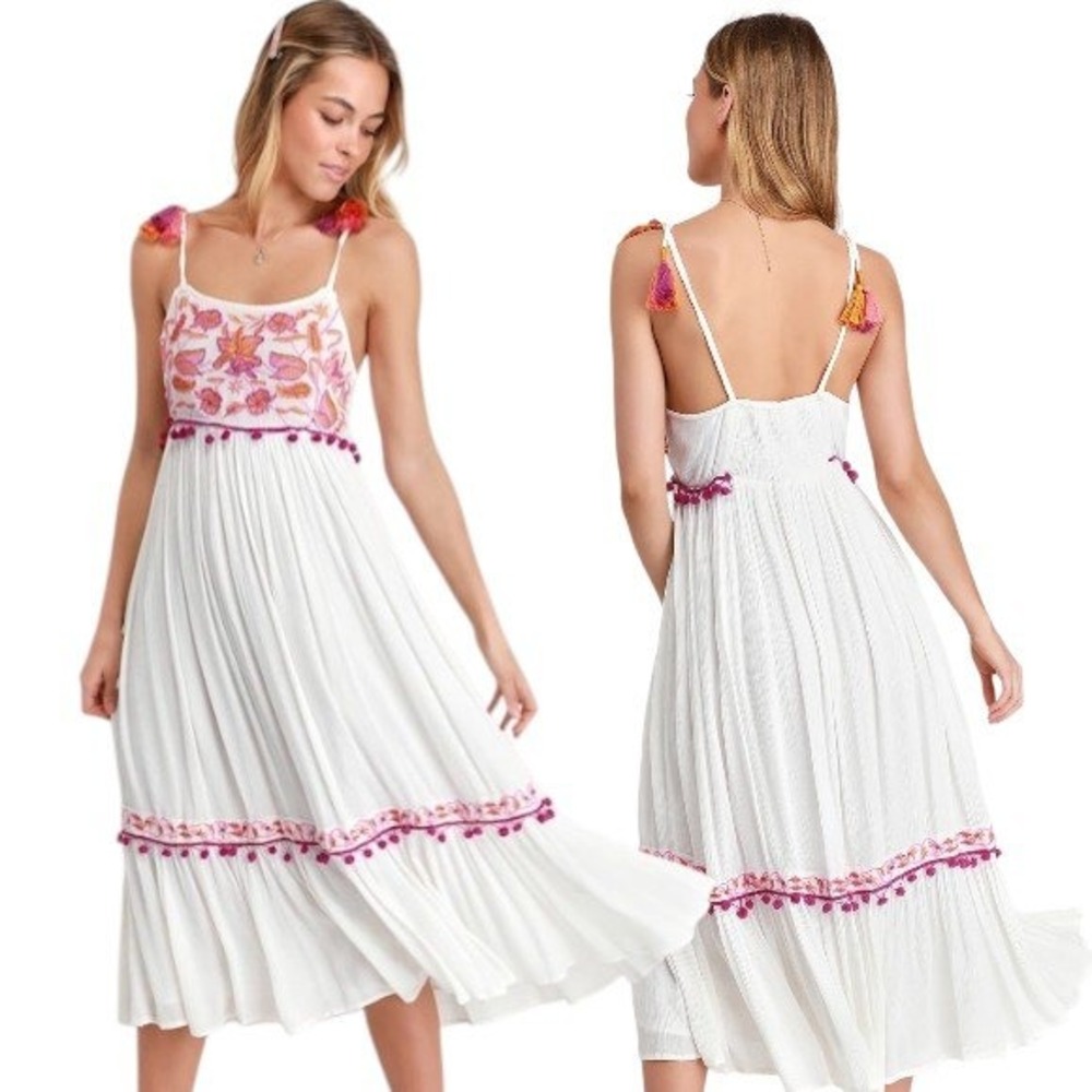 Raga‎ Anthropologie Embroidered Midi Dress L White Tassel Boho Festival Summer
